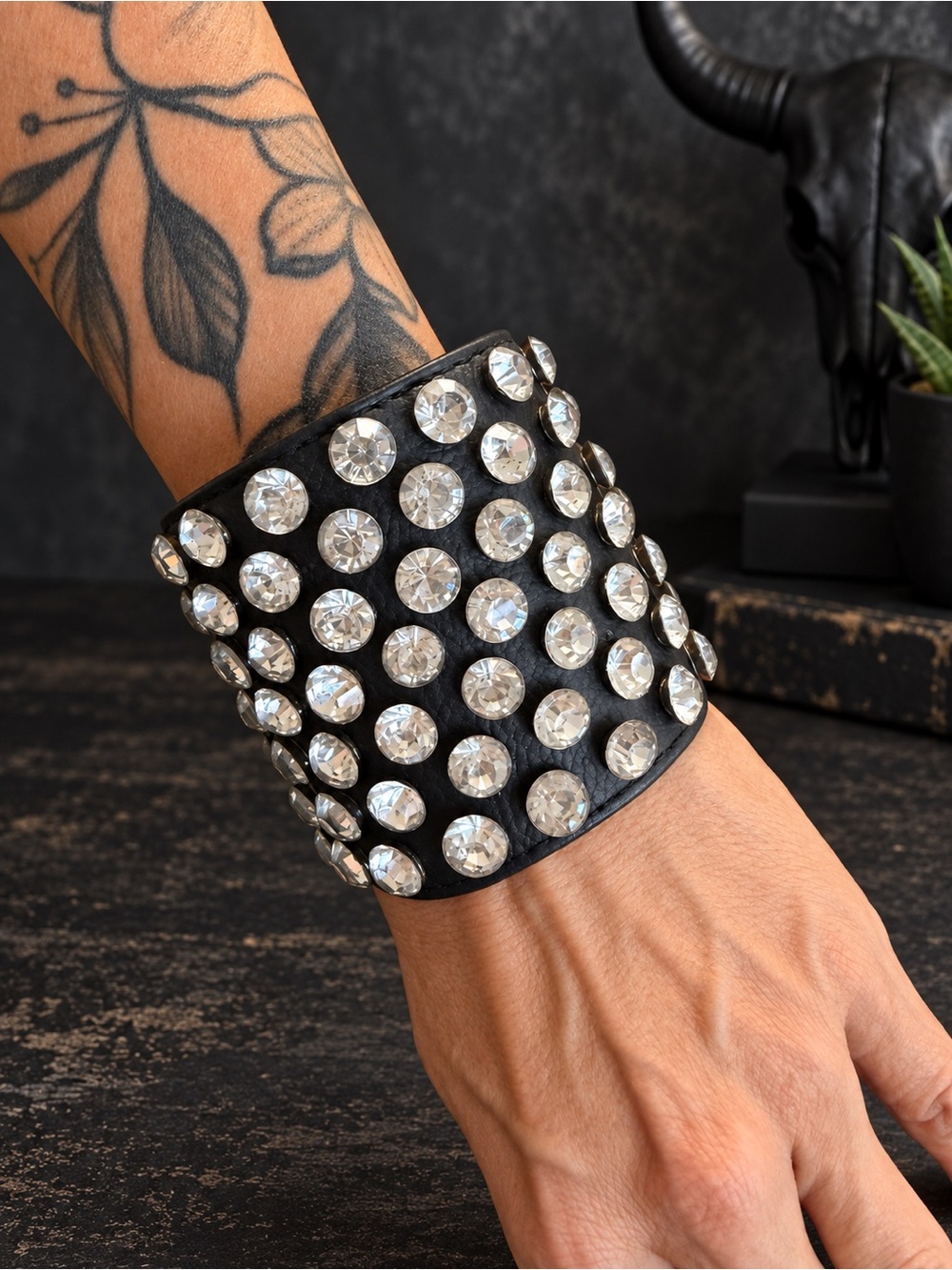 Black Rhinestone Studded Cuff Bracelet Adjustable Snap Y2K Rocker